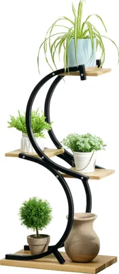 Produktbild von Pflanzenständer mit 4 Regalen, Massivholz, wetterbeständig, 46 cm x 25 cm x 91 cm, Schwarz + Natur