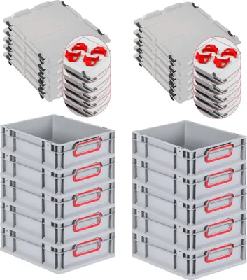 Produktbild von SparSet 10x Eurobox NextGen Color mit Auflagedeckel und Schiebeschnappverschlüsse | HxBxT 12x30x40cm | 11 Liter | Grau | Griffe rot geschlossen | Glatter Boden | Eurobehälter, Transportbox, Transportbehälter, Stapelbehälter