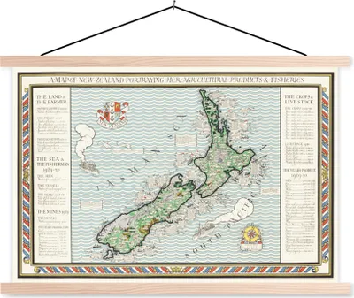 Produktbild von MuchoWow® Textilposter Karte - Neuseeland - Vintage 60x40 cm mit holzfarbenen Rahmen - Bilder