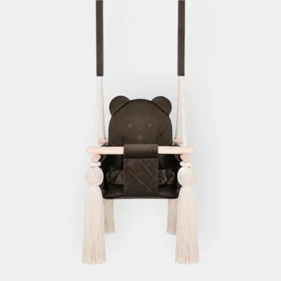Image de Balançoire Bébé d’Intérieur en Velours Marron – Pour Bébés et Jeunes Enfants – Harnais de Sécurité, Design Ourson, Cadre en Bois – Fabriqué dans l’UE