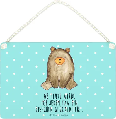 Produktbild von Mr. & Mrs. Panda Schild Bär sitzend DIN A4 - Blau Pastell - Geschenk, wandhänger, Teddy, Wandbild Holz, wandtafel, holzbild, Türschild