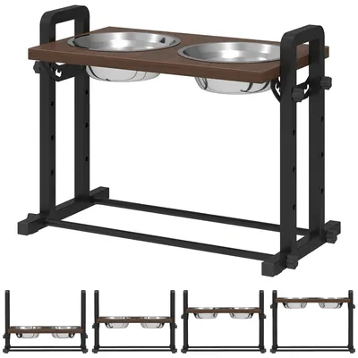 Image de Support réglable pour gamelle de chien, avec 2 gamelles en acier inoxydable | Couleur : marron, noir | Dimensions : 26 x 48 x 36,5 cm