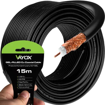 Obrázek produktu pro Anténní kabel Vayox CC1-15GEL | 15 m | 1,02 Cu | 4,8 FPE | Fólie Cu | 7,0 mm PVC | Černá barva