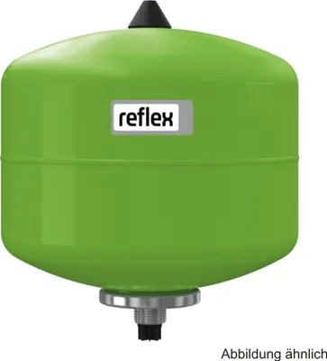 A green expansion vessel with a black cap and a silver fitting at the bottom.