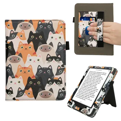 Produktbild von kwmobile Flip Cover kompatibel mit Amazon Kindle Paperwhite (2024)/Colorsoft - Hülle mit Handschlaufe Katzen Orange Schwarz Weiß
