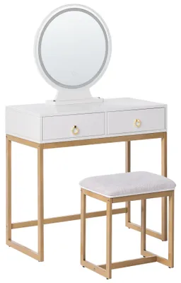 Produktbild von BELIANI Schminktisch Weiß und Gold MDF-Platte mit Metallbeinen Rundem LED-Spiegel 4 Schubladen Hocker Glamour für Erwachsene Schlafzimmer Jugendzimmer