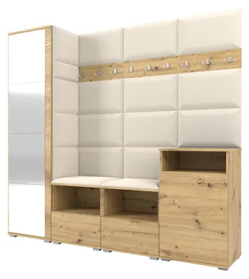 Produktbild von Garderobe NELA X 200 cm Modulare Flurmöbel Artisan Eiche mit Spiegel & Sitzpolster Creme 01 (Schrank + Sideboard)