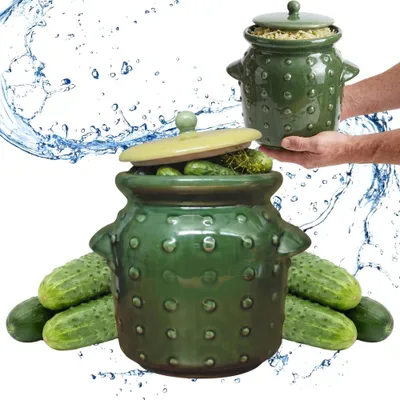 Produktbild von Gärtopf 2,5L Keramik mit Wasserrinne & Deckel - Fermentierglas Grün für Sauerkraut, Kimchi & Gurken - Traditioneller Steingut Keramiktopf