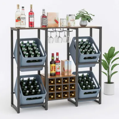 A bar cart filled with bottles and glasses.