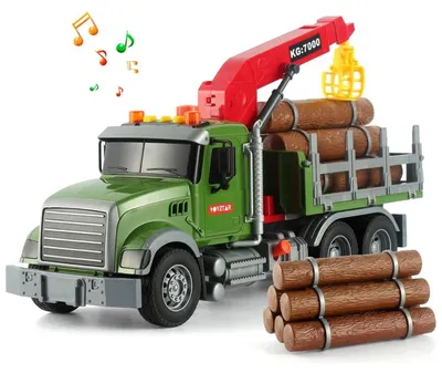 Produktbild von Holztransporter LKW mit Kran, Licht und Sound – Spielzeug-Lastwagen mit Friktionsantrieb, Kipp-Anhänger und Baumstämmen, Langholz-Truck ab 3 Jahren
