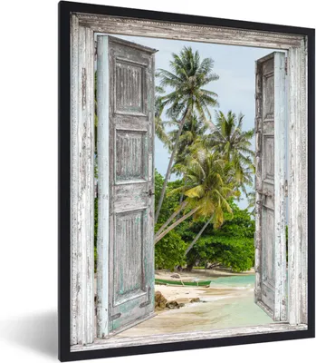 Produktbild von MuchoWow® Gerahmtes Poster Tropisch - Palme - Blick - Meer 60x80 cm - Poster mit Schwarzem Bilderrahmen Wandposter Rahmen Foto Bilder - Premium - Wanddeko Wohnzimmer