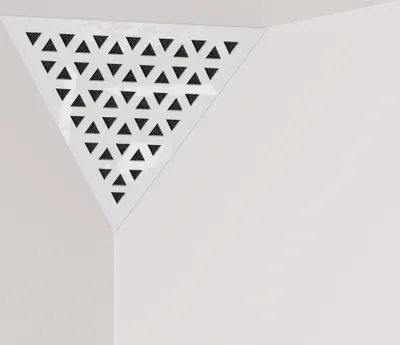 Produktbild von 2-Stück Decken-Eck-Bassfalle «Triangle-TRI» Akustikschaumstoff mit perforierter laminierter HDF-Platte | 42x42x42cm | Dreieckige Pyramiden-Bassfalle| Farbe: Weiß glänzender Kunststoff