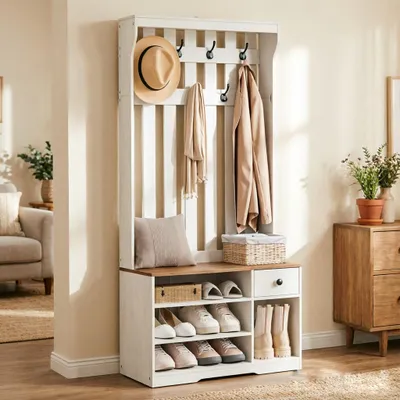 Produktbild von Garderobenständer mit Schuhbank, 7 Haken, Kleiderständer Schuhschrank, Garderobenschrank, 80x35x180cm, Weiß