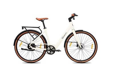 A studio shot of a white electric city bicycle with brown accents.