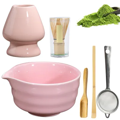 Matcha-Theeset 6-teilig, Bambusbesen, Keramikschale, Rosa
