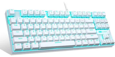 Produktbild von 80% Mechanische Gaming Tastatur mit Blue Switches, 87 Tasten USB Keyboard mit blauer Beleuchtung, kabelgebunden weiß