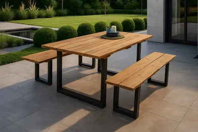 Produktbild von Gartengruppe 3tlg Gartentisch Teak 220 x 100 cm U-Gestell schwarz mit 2 Gartenbänken BOGOTA