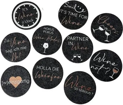 Immagine prodotto di 10 sottobicchieri con citazioni sul vino, ideali per gli amanti del vino o come regalo per compleanni, feste di Natale o piccole occasioni