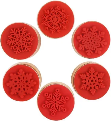 6er-Set Schneeflocken-Holzstempel, rund, 3x2,5 cm, Weihnachtsstempel