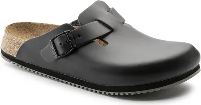A black Birkenstock Boston SL Pantolette shoe is shown from a side-angle on a white background.