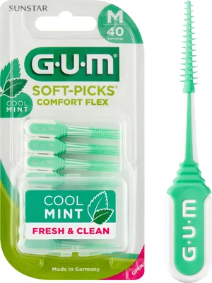 A package of GUM Soft-Picks Comfort Flex interdental brushes in Cool Mint flavor.