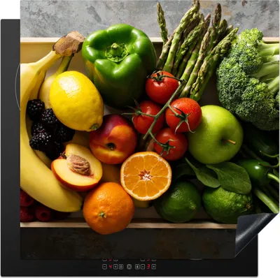 Produktbild von KitchenYeah© Herdabdeckplatte Kiste - Obst - Regenbogen , 78x78cm, Küche Deko, Glaskeramikkochfeld Herdabdeckung, Abdeckplatte fùr Kochfeld