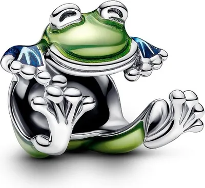 A close-up studio shot of a silver and green frog charm.