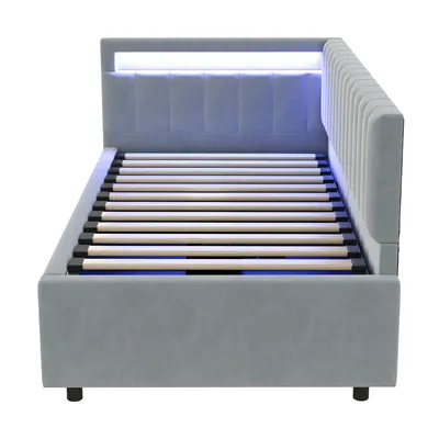 Produktbild von Flieks Hydraulisches Polsterbett Schlafsofa 90x200cm mit LED, Sofa mit Schlaffunktion, Tagesbett Einzelbett Holzbett Samt, Hellgrau