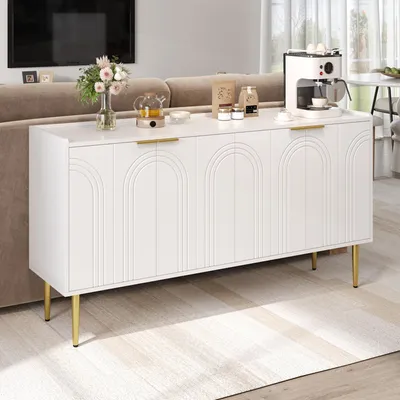 Image de MODFU Buffet - Buffet Moderne avec Rangement Flexible et Pieds en Métal Doré, Portes Sculptées pour Salon et Salle à Manger 140x38x75 cm, Blanc