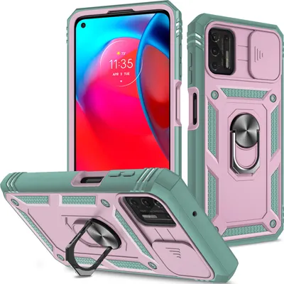 Produktbild von Moto G Stylus 2021 Hülle, Schiebe Kamera Schutz Robust Schutzhülle mit Ringhalterung Ständer Kartenhalter für Motorola Moto G Stylus 2021 Pink