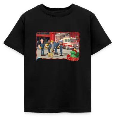 Produktbild von Spreadshirt Grisu Der Kleine Drache Mit Feuerwehr Und Hund Stuffy Kinder T-Shirt, 98/104 (3-4 Jahre), Schwarz