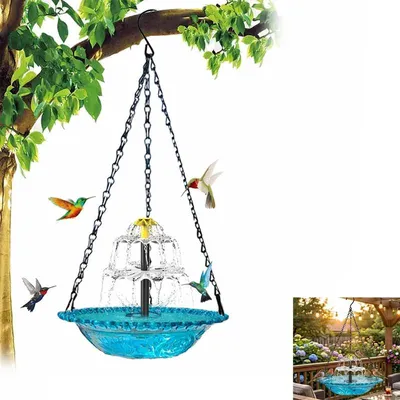 Produktbild von Solar Springbrunnen Vogeltränke hängend blau – Gartendeko Brunnen aus ABS mit Metallketten | Für Vögel Baden Singen Außen