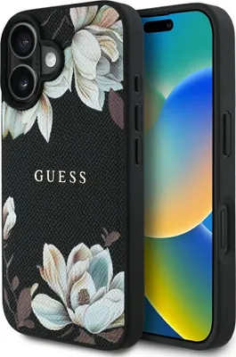 Produktbild von GUESS Tasche passend für IPHONE 16 kompatibel mit MagSafe GUHMP16SPGNMPLMK (PU Grained Flowers Classic Logo) schwarz