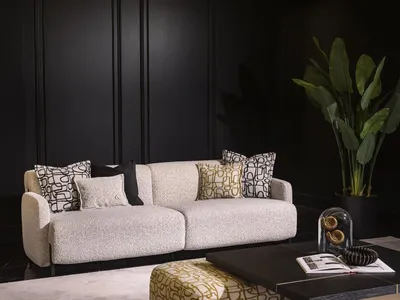 Immagine prodotto di Moderno divano a 3 posti beige in tessuto con struttura in legno