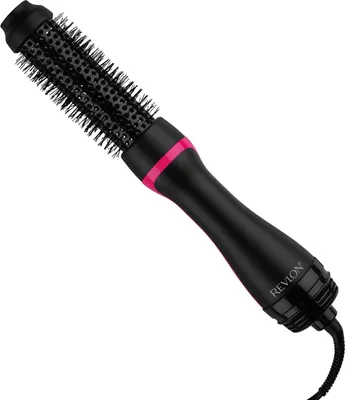 A black Revlon hair dryer and volumizer with pink accents is shown against a white background.