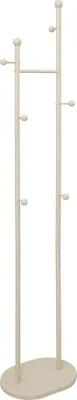 A coat rack stand with an oval base and two vertical poles with hooks.