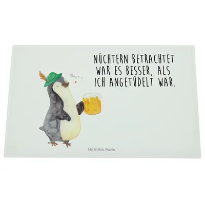 Produktbild von Mr. & Mrs. Panda Schneidplatte Glas Pinguin Bier - Weiß - Geschenk, schneidbrett, Pinguine, Schneidebrett Aus, Beschwippst, Glasschneidebrett, Küchenbrett,