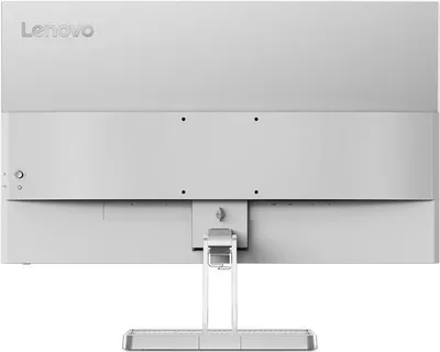 The back of a white Lenovo monitor on a light gray background.