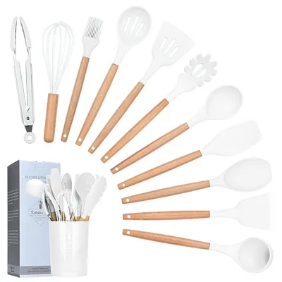 Produktbild von Silikon-Küchenwerkzeug-Set, 12-teilig, mit Halterung und Holzgriffen