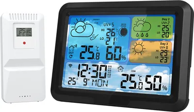 Obrázek produktu pro Meteostanice Wi-Fi, 5,3" bezdrátový vnitřní/venkovní teploměr s čidlem, podpora ovládání aplikací TUYA, 3denní předpověď počasí/datum/tlak/fáze měsíce/čas v síti UV, podsvícení ON/OFF, digitální budík