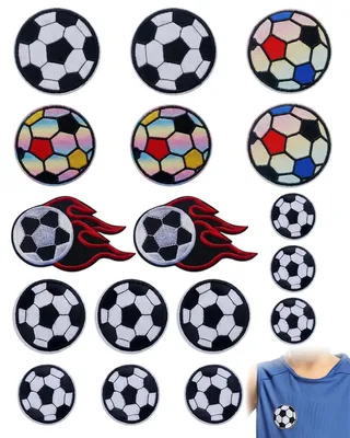 Produktbild von Fußball Bügelflicken - 17 Stück bestickte Aufnäher zum Aufbügeln - Für Kleidung, Jeans und Textilien - 7 Motive