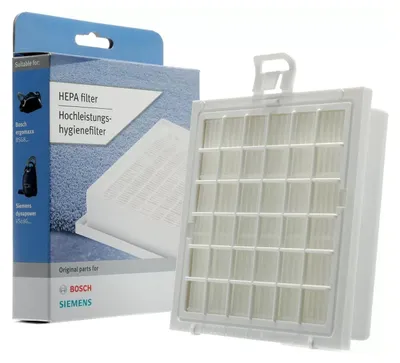 A HEPA filter for vacuum cleaners is shown next to its packaging.