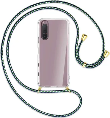 Produktbild von Handykette Backcover-Schutzhülle mit Band (Metall goldfarben) für Sony Xperia 5 II - grün/blau/weiß