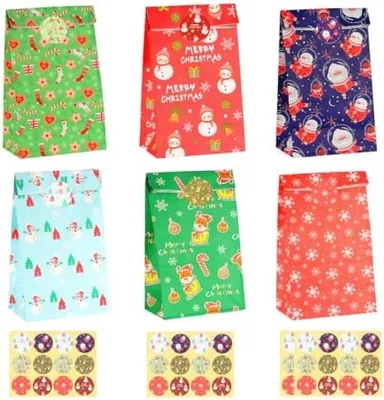 Produktbild von PolkaHome® Papier-Weihnachtstüten, 48 Stück kleine Geschenktüten für Weihnachten, bunte Geschenktüten mit 48 Stickern, Kraftpapierverpackung