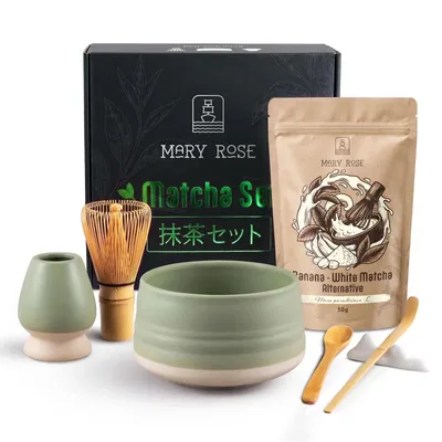 Produktbild von Mary Rose - Geschenkset White Matcha Banane Pulver 50g - 100% Frucht - Grüne Keramik Matchawan Schale Higashi 500ml - Mit Bambus Chasen Besen