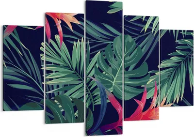 Produktbild von Bild auf Leinwand - Leinwandbild - 5 Teile - Exotisch Blumen Blätter - 150x100cm - Wand Bild - Wanddeko - Wandbilder - Leinwanddruck - Bilder - Wanddekoration - Leinwand bilder - EA150x100-4308
