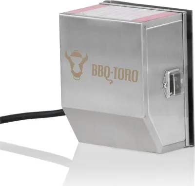 A close-up studio shot of a stainless steel grill motor with a black power cord.
