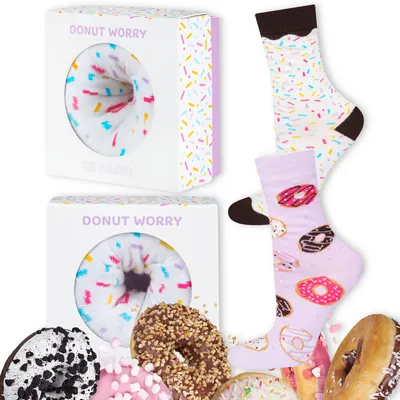Produktbild von Bunte Donut-Socken von SOXO, lustige Damensocken in Größe 35-40, Socken als Geschenk in einer Verpackung