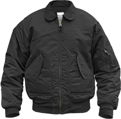 A black bomber jacket is shown against a white background.