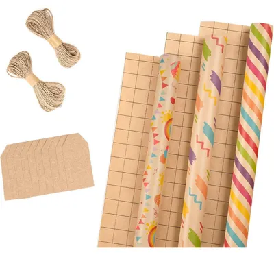 Immagine prodotto di Rotoli di carta da regalo in carta kraft con etichetta e corda di iuta, confezione da 3 rotoli, dimensioni 43 cm x 3 m